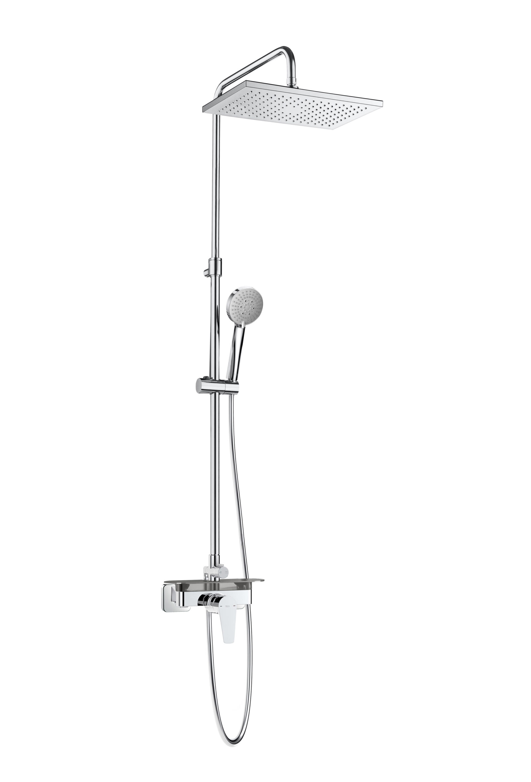Colonne de douche avec étagère adaptable, hauteur réglable de 875 à 1275mm, et bras de douche orientable